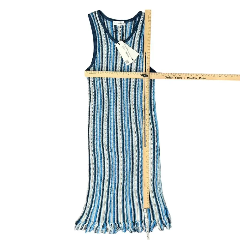 White + Warren Blue White Stripe Mercerized Cotton Fringe Midi Dress XS NEW Tags